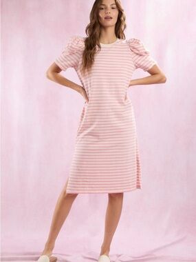 Peach Love California Pink and Cream Striped Puff-Sleeve Midi Dress